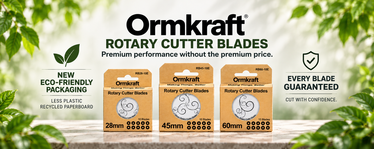 Ormkraft rotary cutter blades banner featuring 28mm, 45mm and 60mm blades, every blade guaranteed, and new eco-friendly packaging.